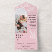 ピンクの白い開花枝の写真結婚の数 オールインワン招待状 (内側)