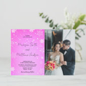 ピンクの白い雪の結婚式招待状と写真 招待状 (スタンド正面)