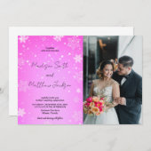 ピンクの白い雪の結婚式招待状と写真 招待状 (正面/裏面)