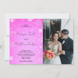 ピンクの白い雪の結婚式招待状と写真 招待状