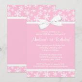 ピンクの白い雪の結晶とリボン 冬のワンダーランド 招待状 (正面/裏面)