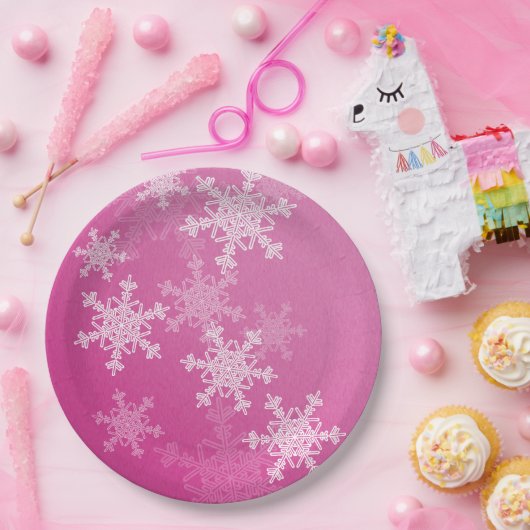 ピンクの白い雪の結晶のミニマルなクリスマス ペーパープレート (パーティー)