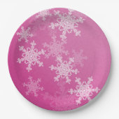 ピンクの白い雪の結晶のミニマルなクリスマス ペーパープレート (正面)