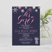 ピンクの白い雪片ネイビーブルーガールベビーシャワー 招待状 (スタンド正面)