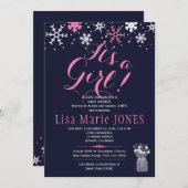 ピンクの白い雪片ネイビーブルーガールベビーシャワー 招待状 (正面/裏面)