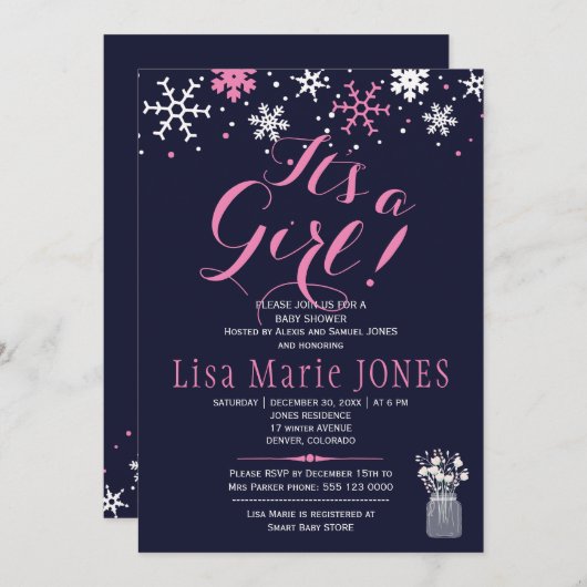 ピンクの白い雪片ネイビーブルーガールベビーシャワー 招待状 (正面/裏面)