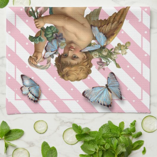 ピンクの白い青のケルビバタフライキッチンティータオル キッチンタオル (折り畳み)