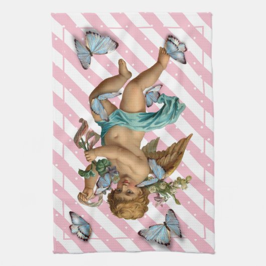 ピンクの白い青のケルビバタフライキッチンティータオル キッチンタオル (縦)