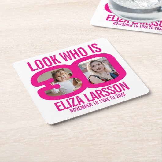 ピンクの白い30歳の誕生日の2つの写真は誰が見える スクエアペーパーコースター (アングル)