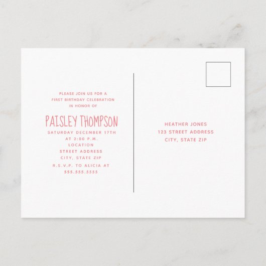 ピンクの白くまの冬のOnederlandの最初誕生日 インビテーションポストカード (裏面)