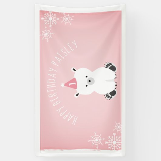 ピンクの白くまの冬のOnederlandの第1誕生日 横断幕 (縦)