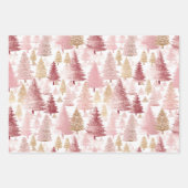 ピンクの白と金ゴールドブラシのクリスマスツリーパターン ラッピングペーパーシート (正面)