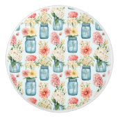 ピンクの白と青のフローラと青のメイソンジャース セラミックノブ (正面)