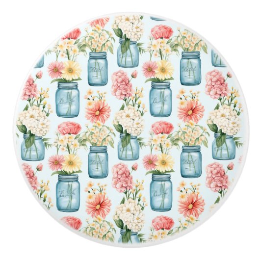 ピンクの白と青のフローラと青のメイソンジャース セラミックノブ (正面)