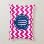 ピンクの白と青のモノグラムのシェブロン模様 アクセントクッション (裏面(縦))