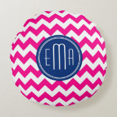 ピンクの白と青のモノグラムのシェブロン模様 ラウンドクッション (正面)