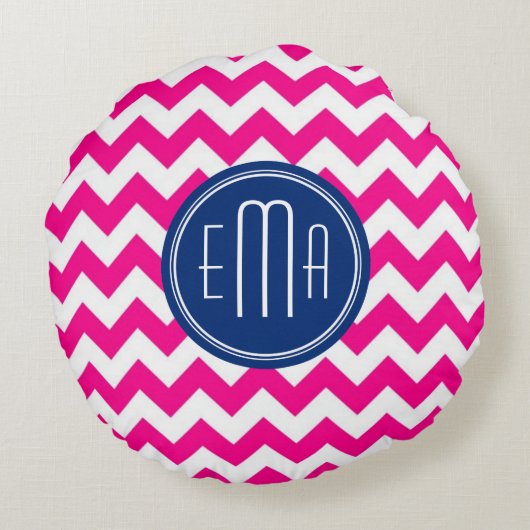 ピンクの白と青のモノグラムのシェブロン模様 ラウンドクッション (裏面)