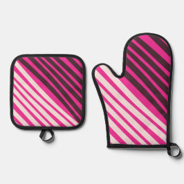 ピンクの白と黒のストライプ 鍋つかみ&鍋敷きセット