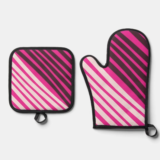 ピンクの白と黒のストライプ 鍋つかみ&鍋敷きセット (正面)