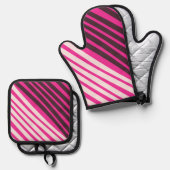 ピンクの白と黒のストライプ 鍋つかみ&鍋敷きセット (正面/裏面)