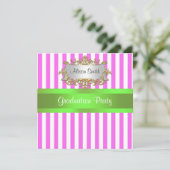 ピンクの白のストライプのライムリボン 卒業パーティ招待状 招待状 (スタンド正面)