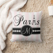 ピンクの白のストライプの黒のパリのモノグラムの枕 クッション (ブランケット)