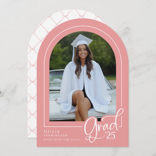 ピンクの白エレガント写真2025年の発表 招待状 (正面/裏面)