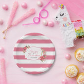 ピンクの白ストライプい花と花 ペーパープレート (パーティー)