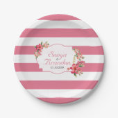 ピンクの白ストライプい花と花 ペーパープレート (正面)