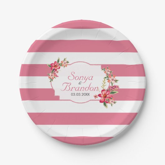 ピンクの白ストライプい花と花 ペーパープレート (正面)