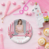 ピンクの白ストライプ花模様写真21歳の誕生日 ペーパープレート (パーティー)