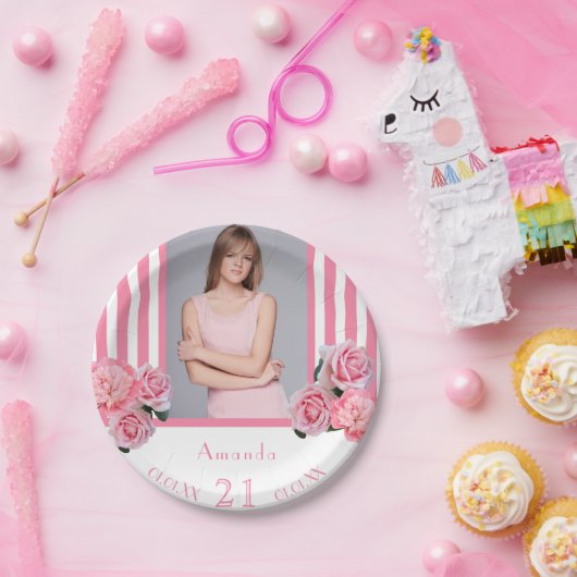 ピンクの白ストライプ花模様写真21歳の誕生日 ペーパープレート (パーティー)