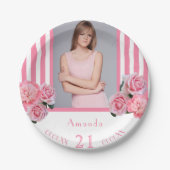 ピンクの白ストライプ花模様写真21歳の誕生日 ペーパープレート (正面)