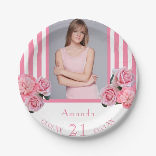 ピンクの白ストライプ花模様写真21歳の誕生日 ペーパープレート (正面)
