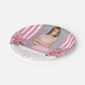 ピンクの白ストライプ花模様写真21歳の誕生日 ペーパープレート (アングル)