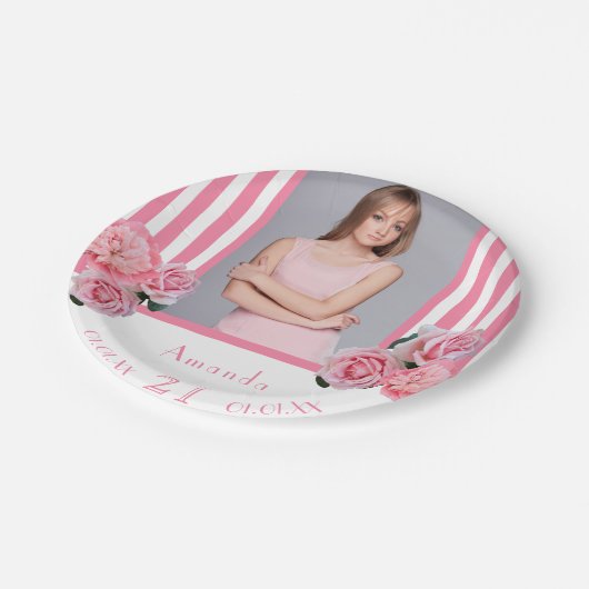 ピンクの白ストライプ花模様写真21歳の誕生日 ペーパープレート (アングル)