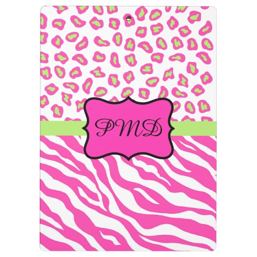 ピンクの白ゼブラヒョウ皮モノグラム クリップボード (裏面)