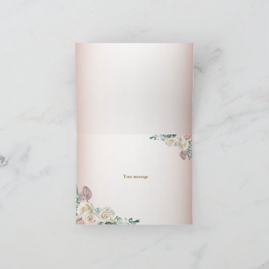 ピンクの白バラの水色の緑結婚色 サンキューカード (内部)