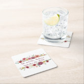 ピンクの白パーソナライズされたフローラ結婚名の日付 スクエアペーパーコースター (インサイチュ)