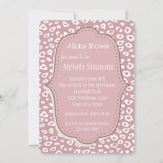 ピンクの白ヒョウ柄ベビーシャワー 招待状 (裏面)