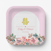 ピンクの白フローラ中国のア結婚チ ペーパープレート (正面)