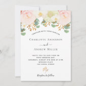 ピンクの白フローラ金ゴールドの緑の結婚水色 招待状 (正面)