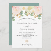 ピンクの白フローラ金ゴールドの緑の結婚水色 招待状 (正面/裏面)