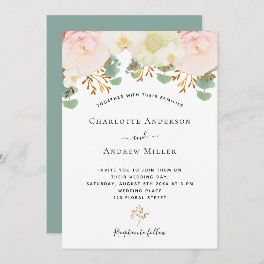 ピンクの白フローラ金ゴールドの緑の結婚水色 招待状 (正面/裏面)