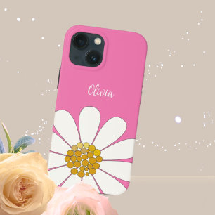 ピンクの白モダンデイジーの花のパーソナライズ名 iPhone 13 MINIケース