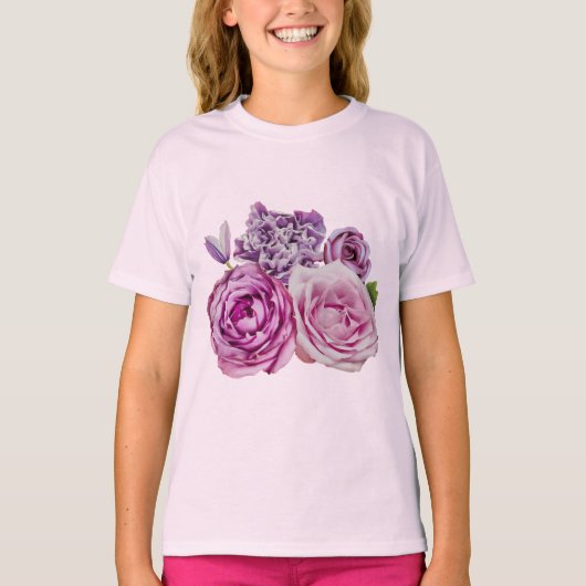 ピンクの白ラベンダーバラ花 Tシャツ (正面)
