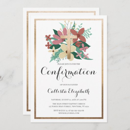 ピンクの白金ゴールドクロス縁どフローラ確認 招待状 (正面/裏面)