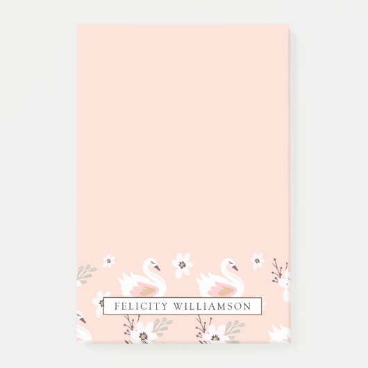 ピンクの白鳥及び花柄パターンでかわいらしい ポストイット (正面)