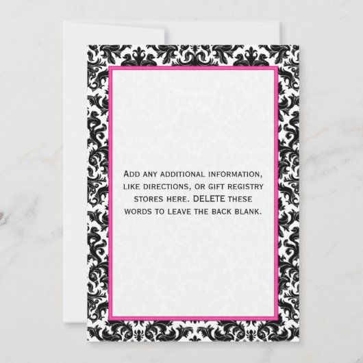 ピンクの白黒のダマスク織のブライダルシャワーの招待 招待状 (裏面)