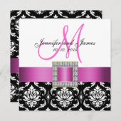 ピンクの白黒のダマスク織の結婚式招待状 招待状 (正面/裏面)